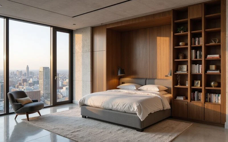 Alcove studio with sleeping nook separated by a bookshelf