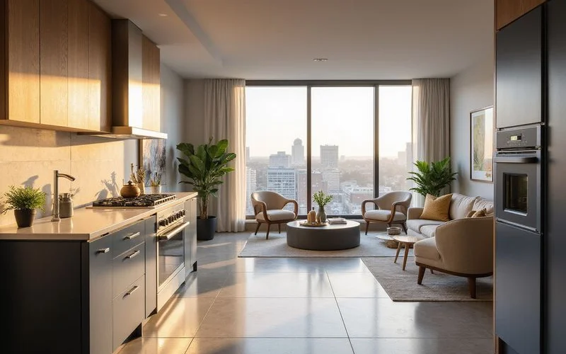 Brand-new high rise unit with protective film on appliances, soft natural light