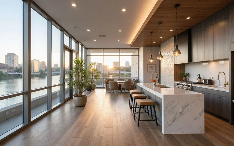 Model apartment in a new Houston high rise with a bayou view