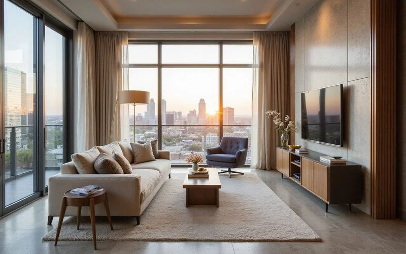Bright apartment living room with skyline view through floor-to-ceiling windows, cream and slate palette