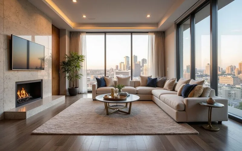 Bright model unit living room with a skyline view through floor-to-ceiling glass