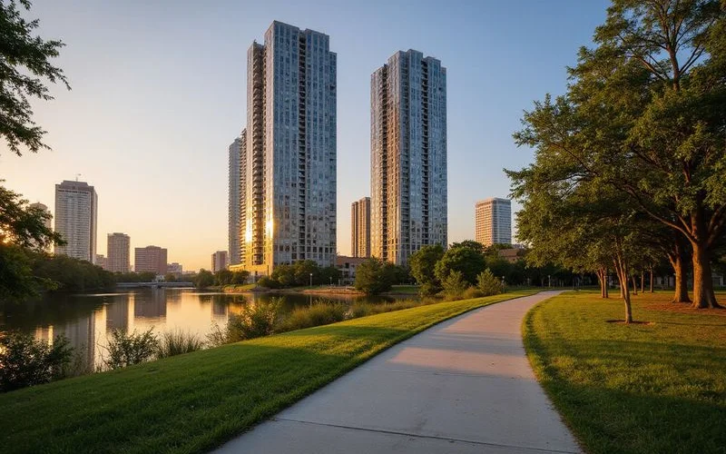 Buffalo Bayou Park with Montrose towers