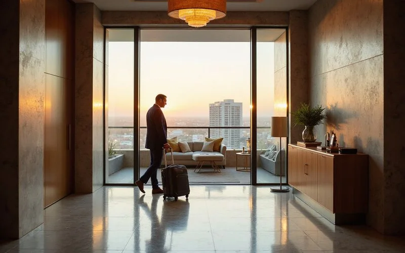 Business traveler with a rolling suitcase in a furnished apartment entry