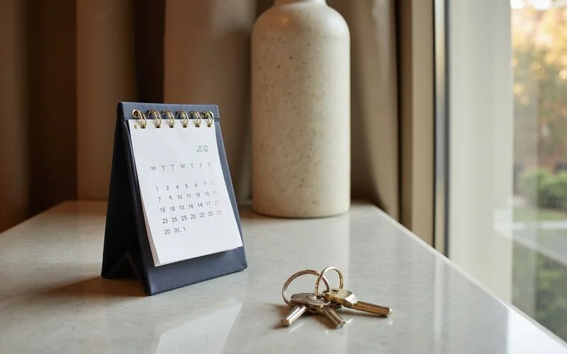 Calendar and keys on a counter in a modern Houston apartment, soft light