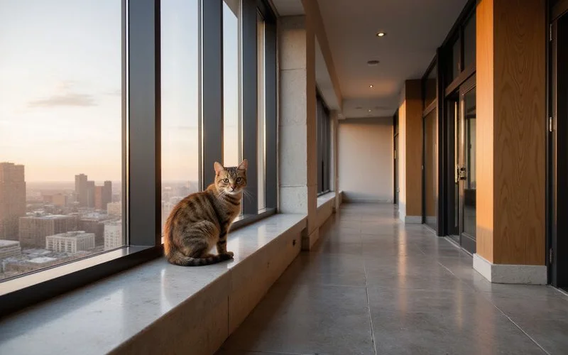 Cat on a window ledge in a high rise apartment at golden hour
