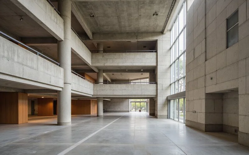 Clean multi-level parking garage interior in a Houston high rise, elevated levels, soft light
