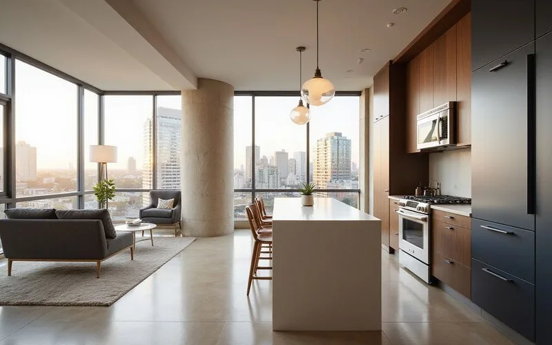 Compact kitchen with a city view in an affordable Houston high rise