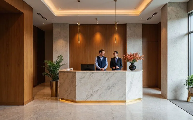 Concierge desk in a refined Houston high rise lobby, warm wood and stone