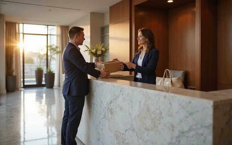 Concierge handing a package to a resident at a marble desk