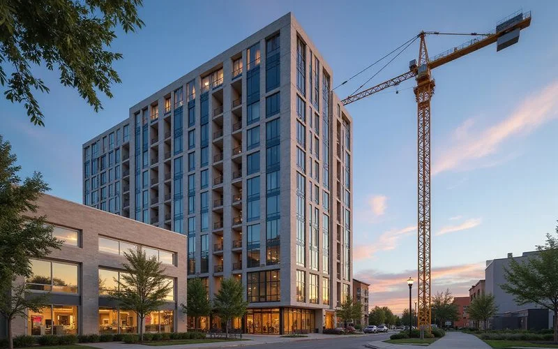 Construction crane beside a newly finished residential tower in Houston