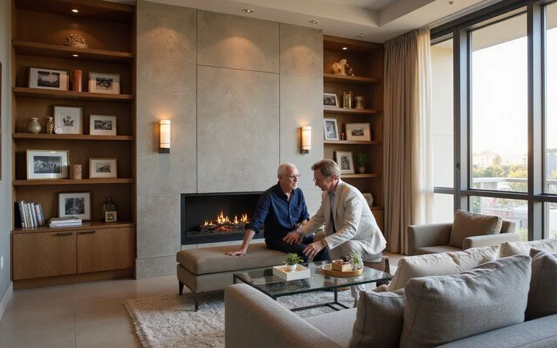 Couple arranging family photos on built-in shelves in a high rise living room