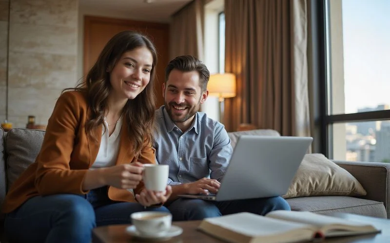 Couple on a video call touring an apartment from their current home