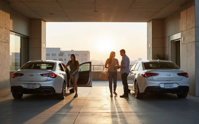 Couple unloading groceries from two cars in a high rise garage