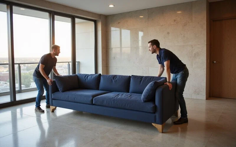 Delivery team placing a rented sofa in an empty high rise apartment