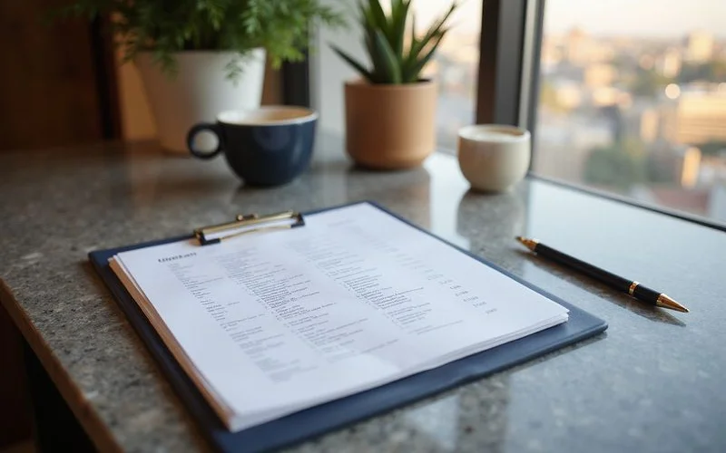 Document checklist on a desk beside a window in a high rise apartment, soft light