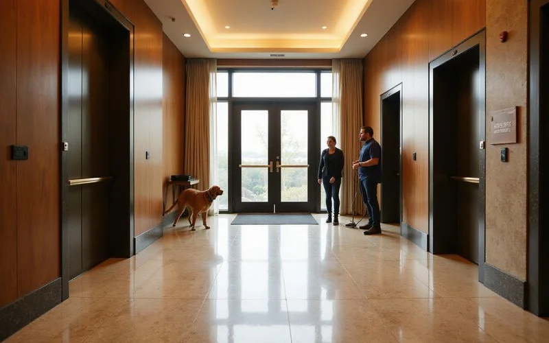 Dog owner waiting for an elevator with a leashed dog in a high rise hallway