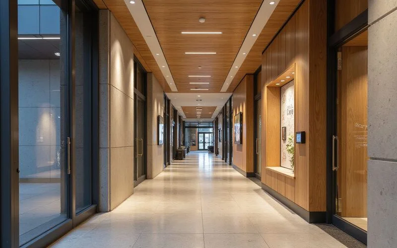 Downtown Houston pedestrian tunnel corridor with shops, warm light