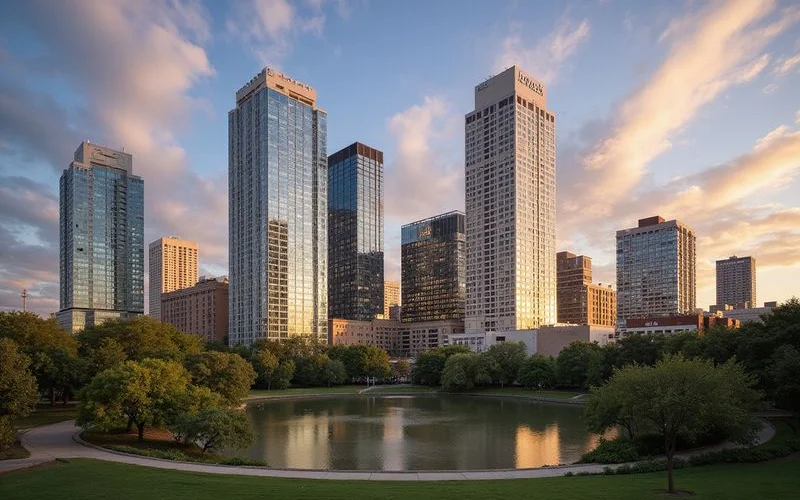Downtown Houston skyline over Discovery Green