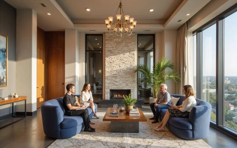 Elegant resident lounge with stone and walnut finishes, soft natural light