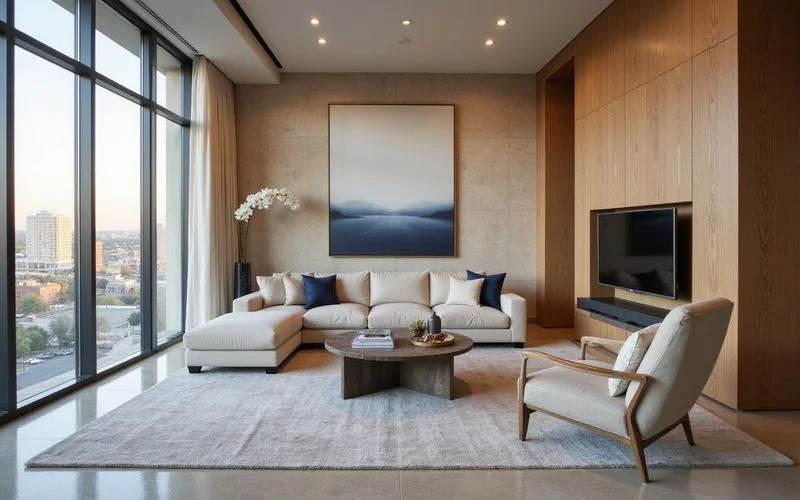 Empty high rise living room on move-in day with skyline view, soft natural light
