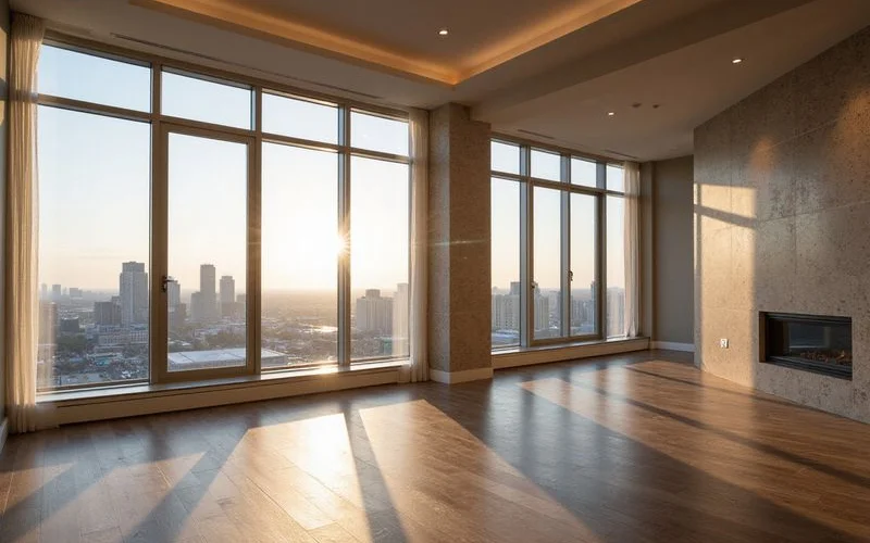 Empty unfurnished high rise living room with wood floors, soft daylight