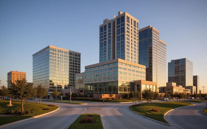 Westlake Park office towers along the Katy Freeway at golden hour