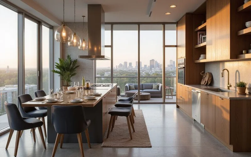 Kitchen with a housewares package in a furnished high rise unit