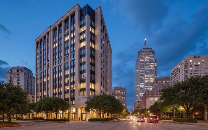 Galleria-area high rises along Post Oak Boulevard at dusk