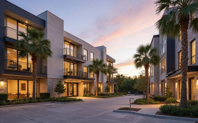 Garden-style apartment courtyard with low buildings and surface parking in Houston