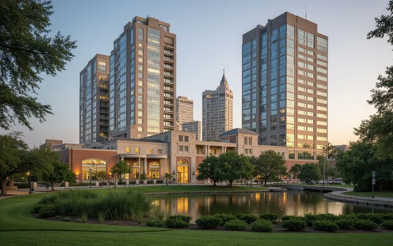 Hermann Park greenery with Museum District towers behind, late afternoon