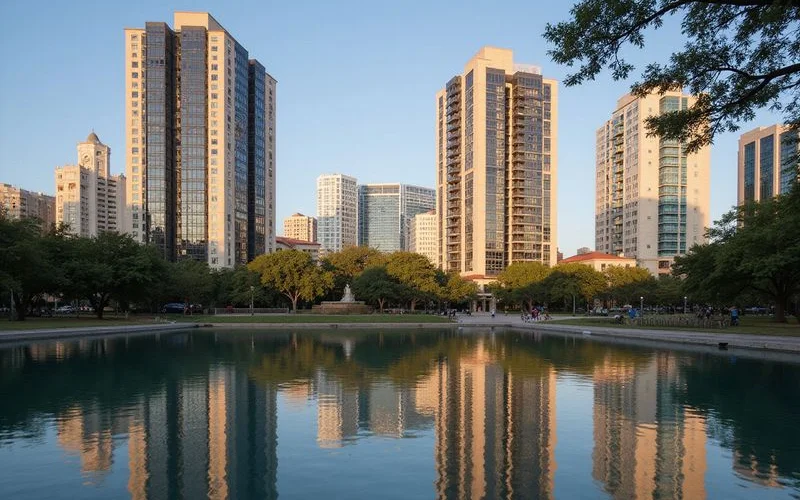 Hermann Park with Museum District towers