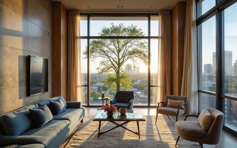 Hermann Park tree canopy from a Museum District high rise window, soft light