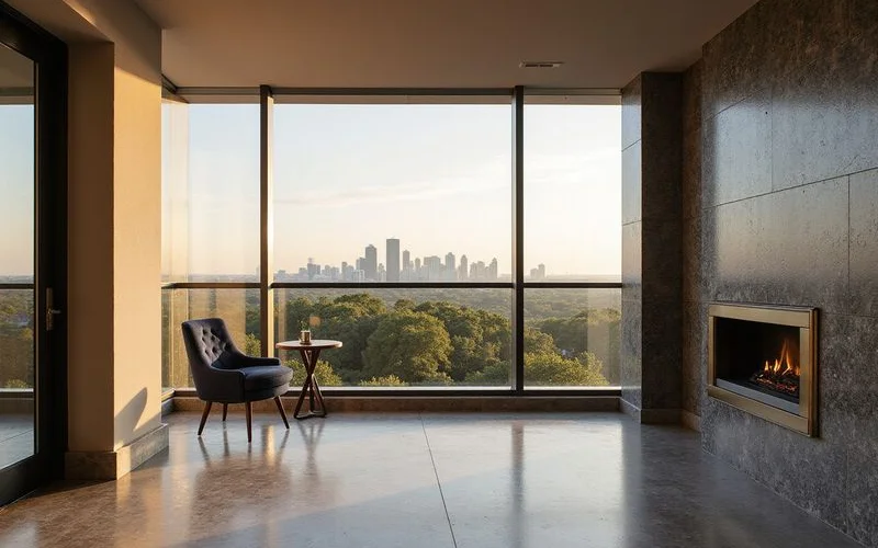 High rise apartment balcony overlooking tree canopy and distant office towers, warm light