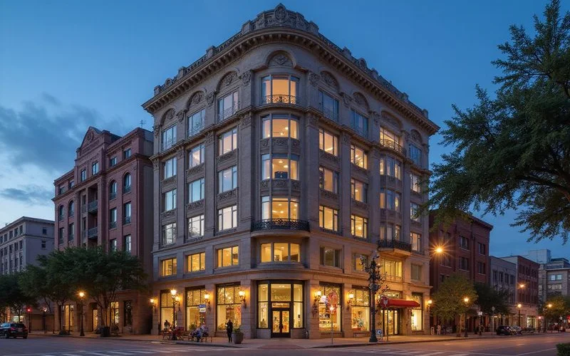 Historic Downtown Houston building facade at dusk with warm window lights