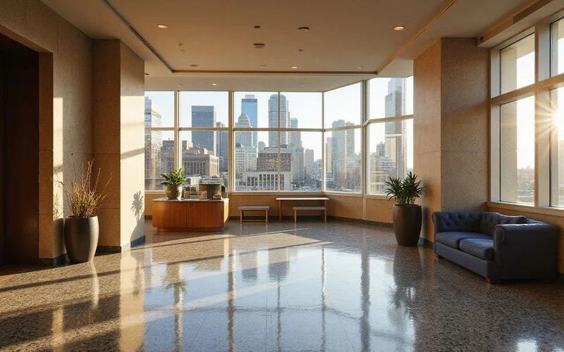 Historic renovated high rise lobby with original terrazzo floors