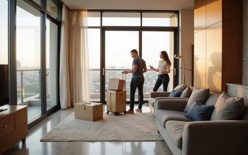 International mover unpacking a suitcase in a bright high rise studio