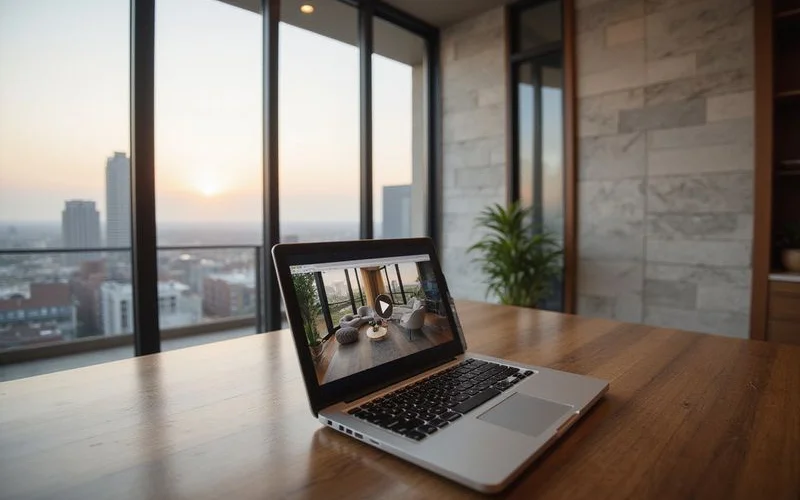 Laptop showing a video tour of a Houston high rise apartment