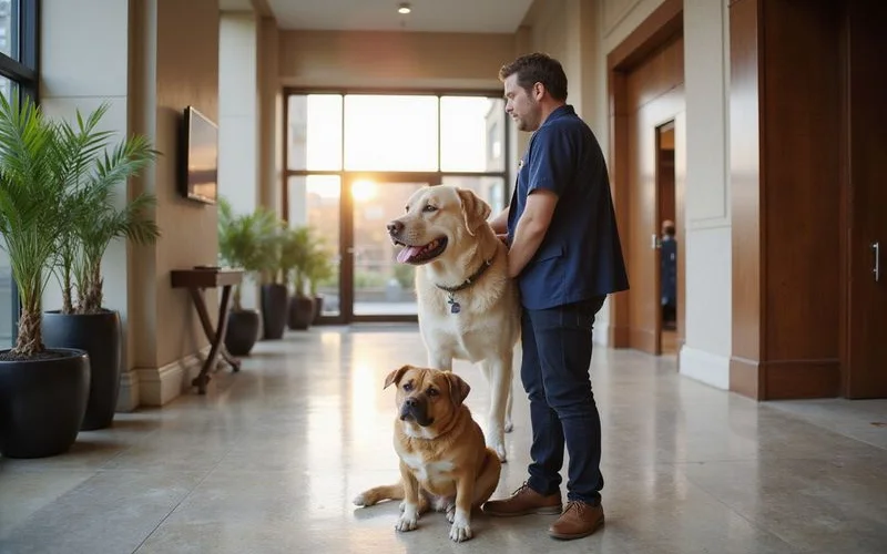Large mixed breed dog sitting calmly in a high rise lobby with its owner