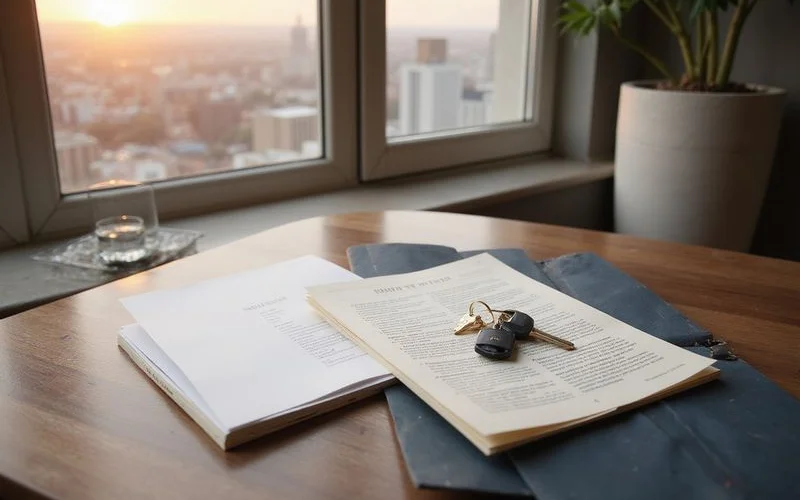Lease documents and keys on a walnut table by a window