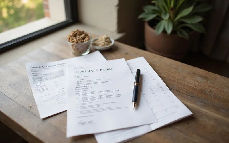 Lease pages and pen on a walnut table by a window, soft light