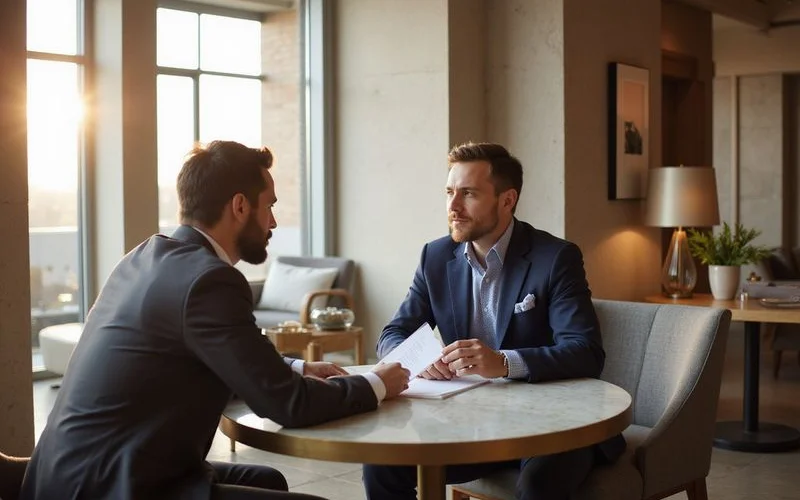Leasing consultant and renter reviewing lease terms at a lounge table