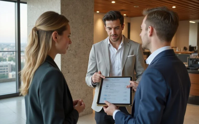 Leasing consultant explaining screening criteria to a renter in a high rise leasing office