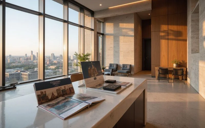 Leasing desk with a concession flyer in a Houston high rise lobby