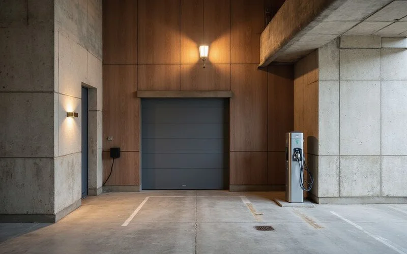 Level 2 EV charger at a reserved space in a residential garage