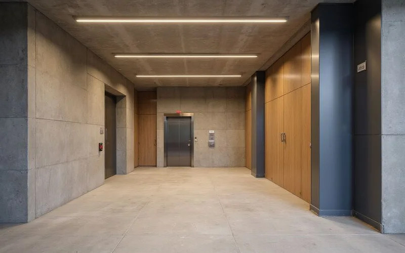 Loading dock and freight elevator area of a modern high rise, clean, soft light