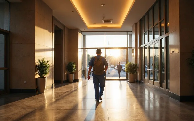 Medical resident in scrubs entering a high rise lobby at dawn