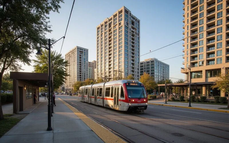 Red Line train at a Museum District station platform with trees