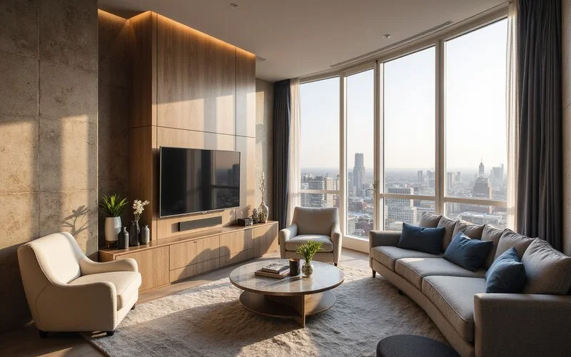 Modern compact high rise apartment interior with city view, neutral palette