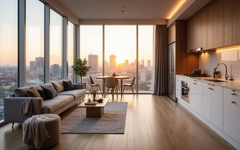 Modern compact studio in a 2010s Houston tower with city view