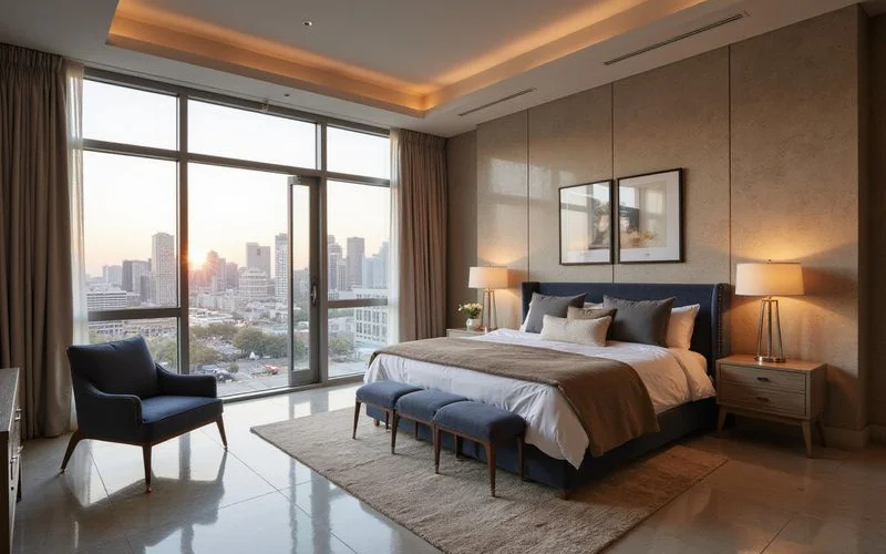 One-bedroom high rise apartment with separate bedroom door ajar, soft light